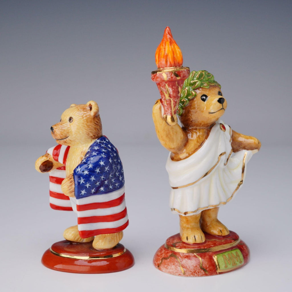 2pc Halcyon Days Olympic Teddy Bear Figurines 2012 Patriotic & 2000 Millennium Torch