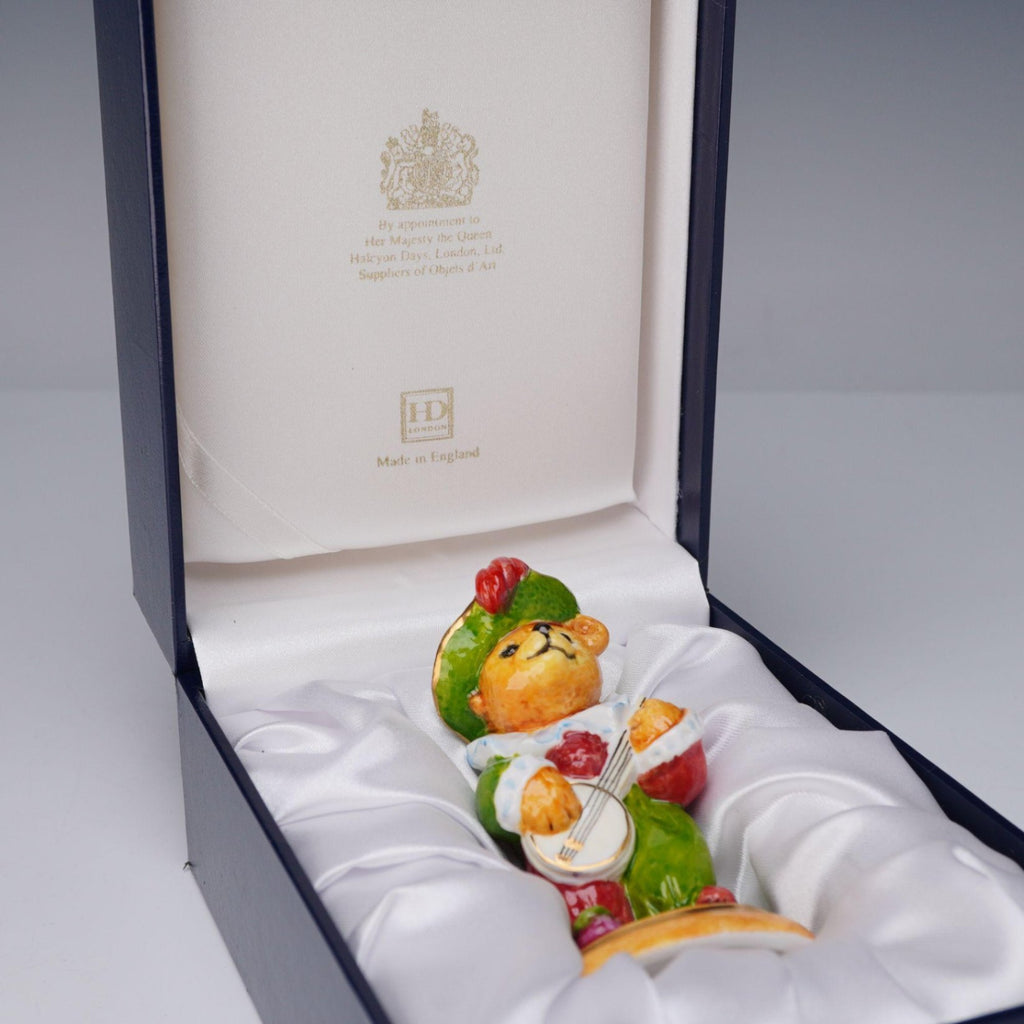 Halcyon Days Enamelled Porcelain Musical Bear Figurine Playing Banjo 2001 Boxed