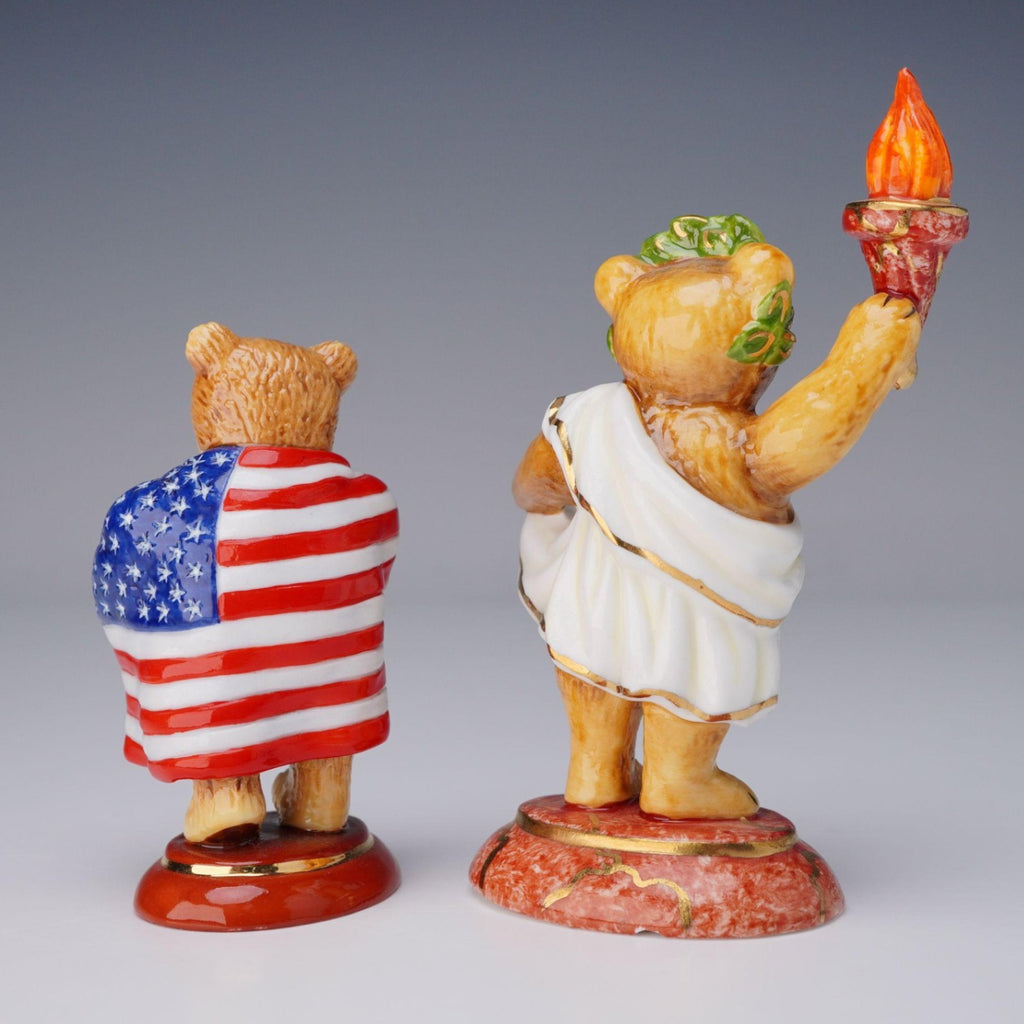 2pc Halcyon Days Olympic Teddy Bear Figurines 2012 Patriotic & 2000 Millennium Torch