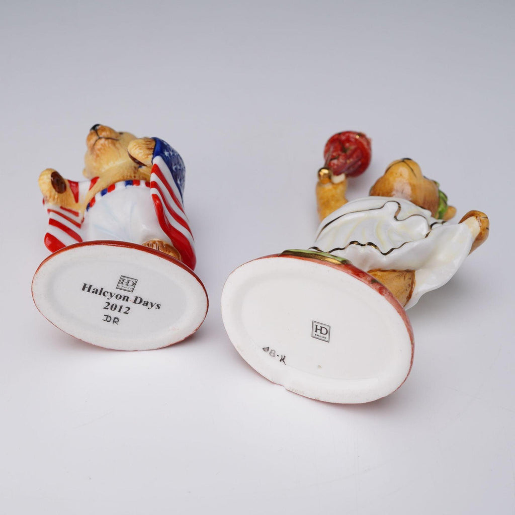 2pc Halcyon Days Olympic Teddy Bear Figurines 2012 Patriotic & 2000 Millennium Torch