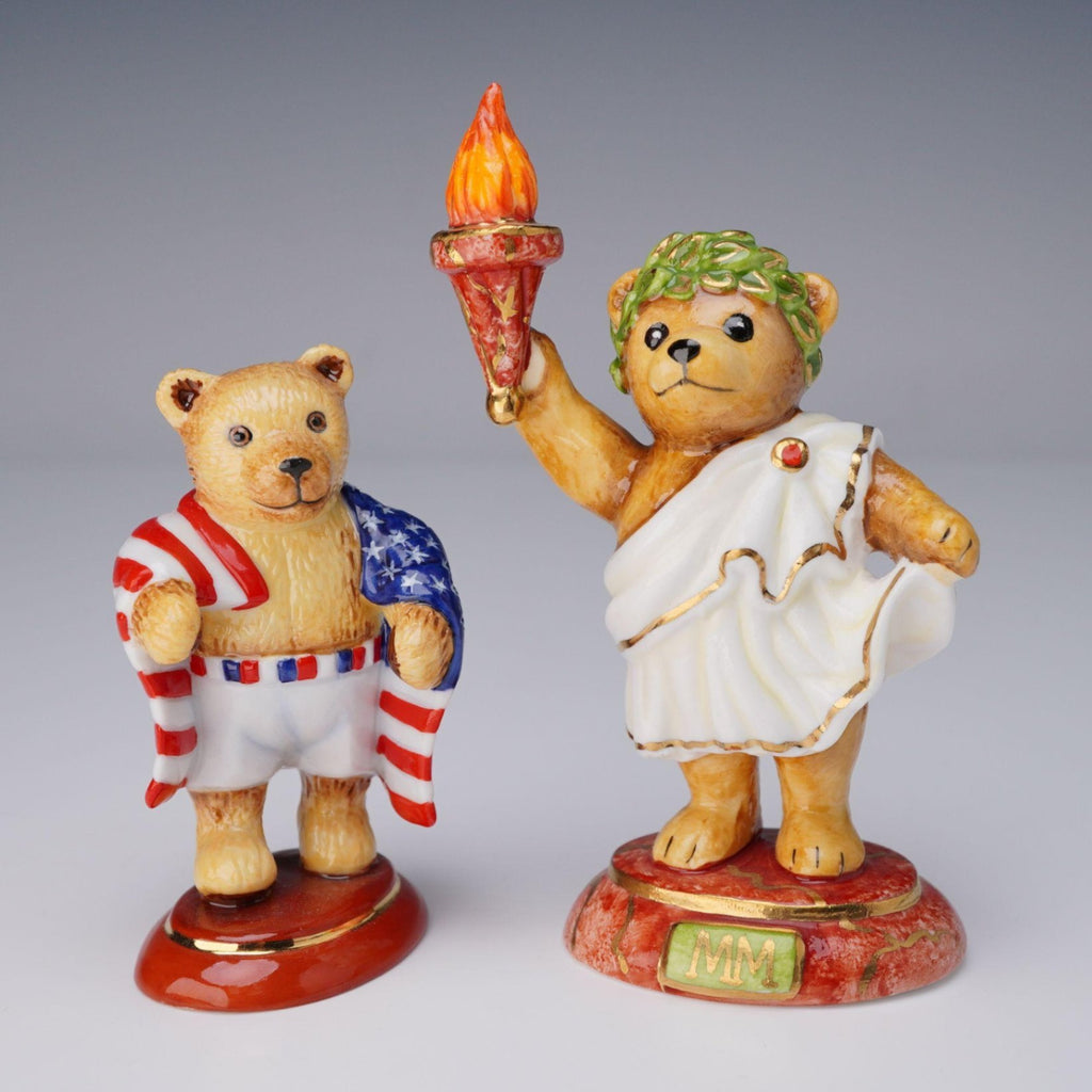 2pc Halcyon Days Olympic Teddy Bear Figurines 2012 Patriotic & 2000 Millennium Torch