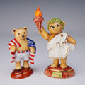 2pc Halcyon Days Olympic Teddy Bear Figurines 2012 Patriotic & 2000 Millennium Torch