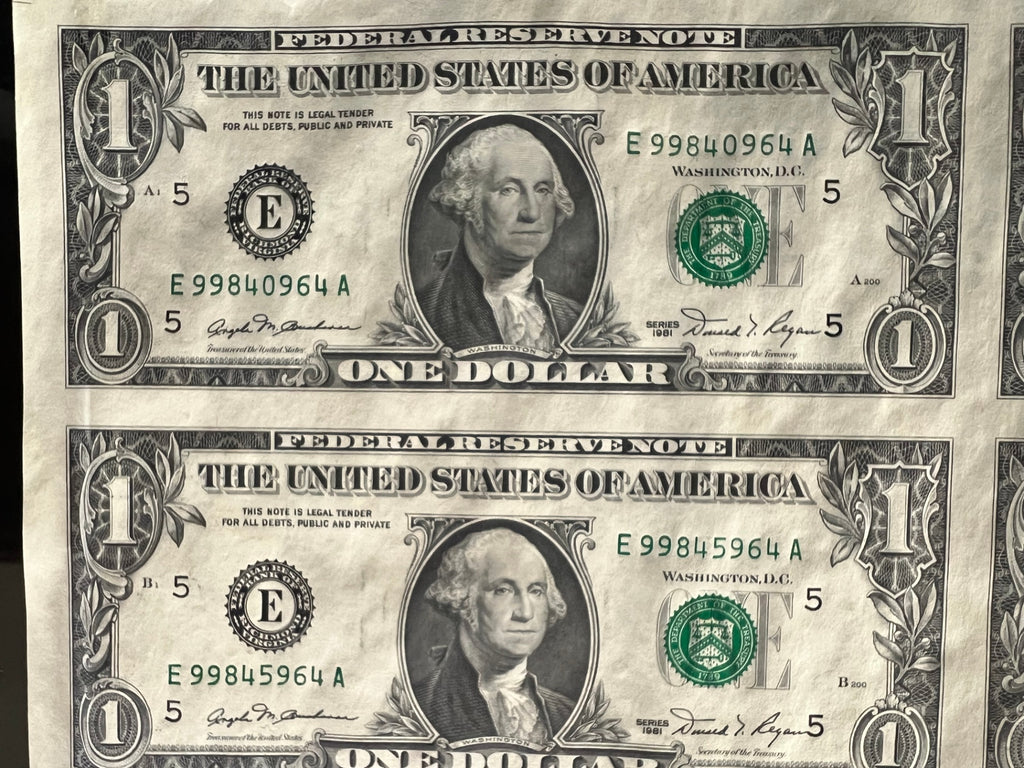 1981 $1 One Dollar Uncut Currency Sheet 32 Subjects Federal Reserve Uncirculated