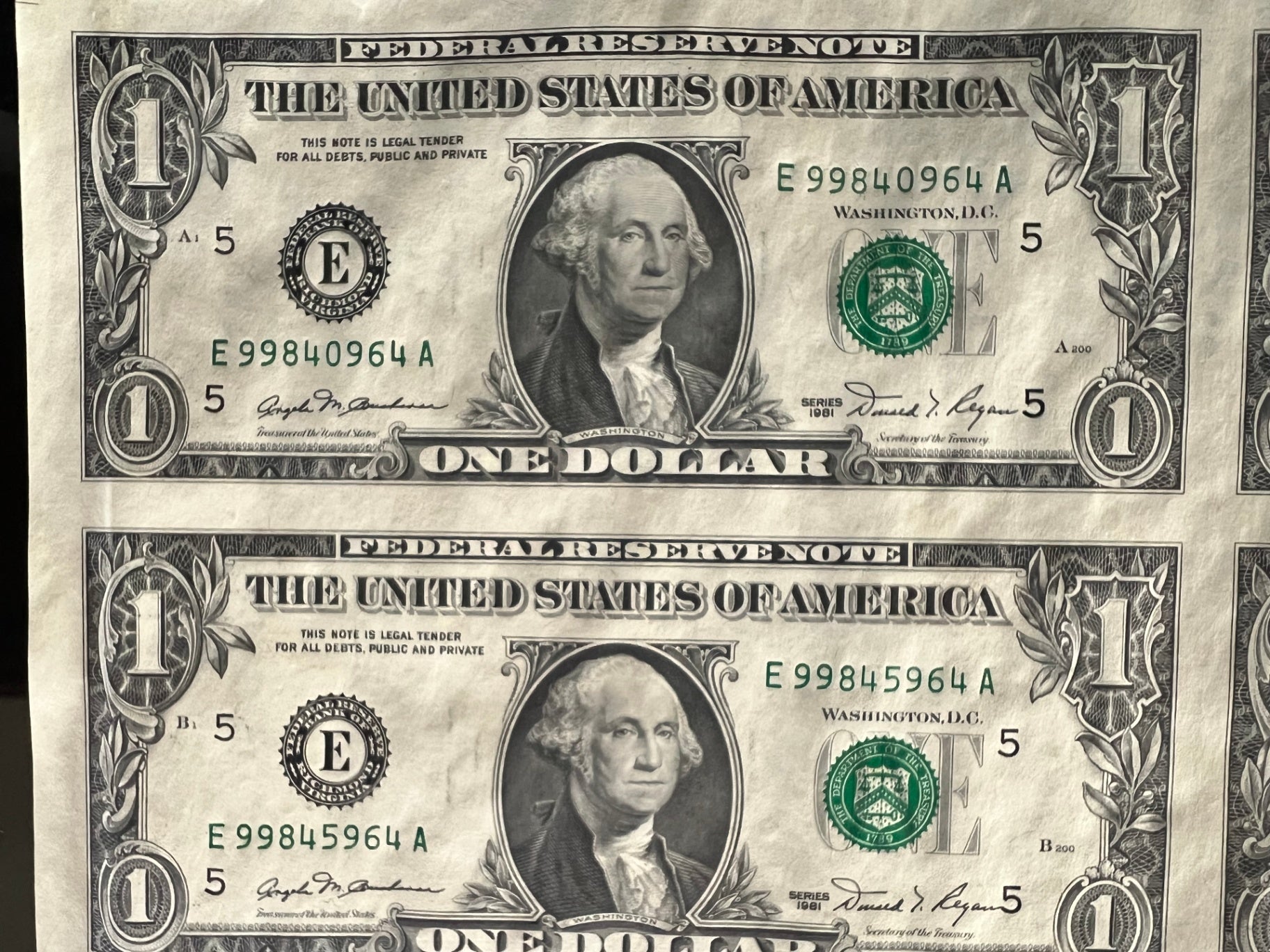 1981 $1 One Dollar Uncut Currency Sheet 32 Subjects Federal Reserve Uncirculated