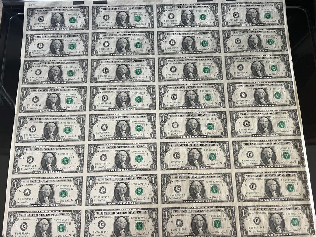 1981 $1 One Dollar Uncut Currency Sheet 32 Subjects Federal Reserve Uncirculated