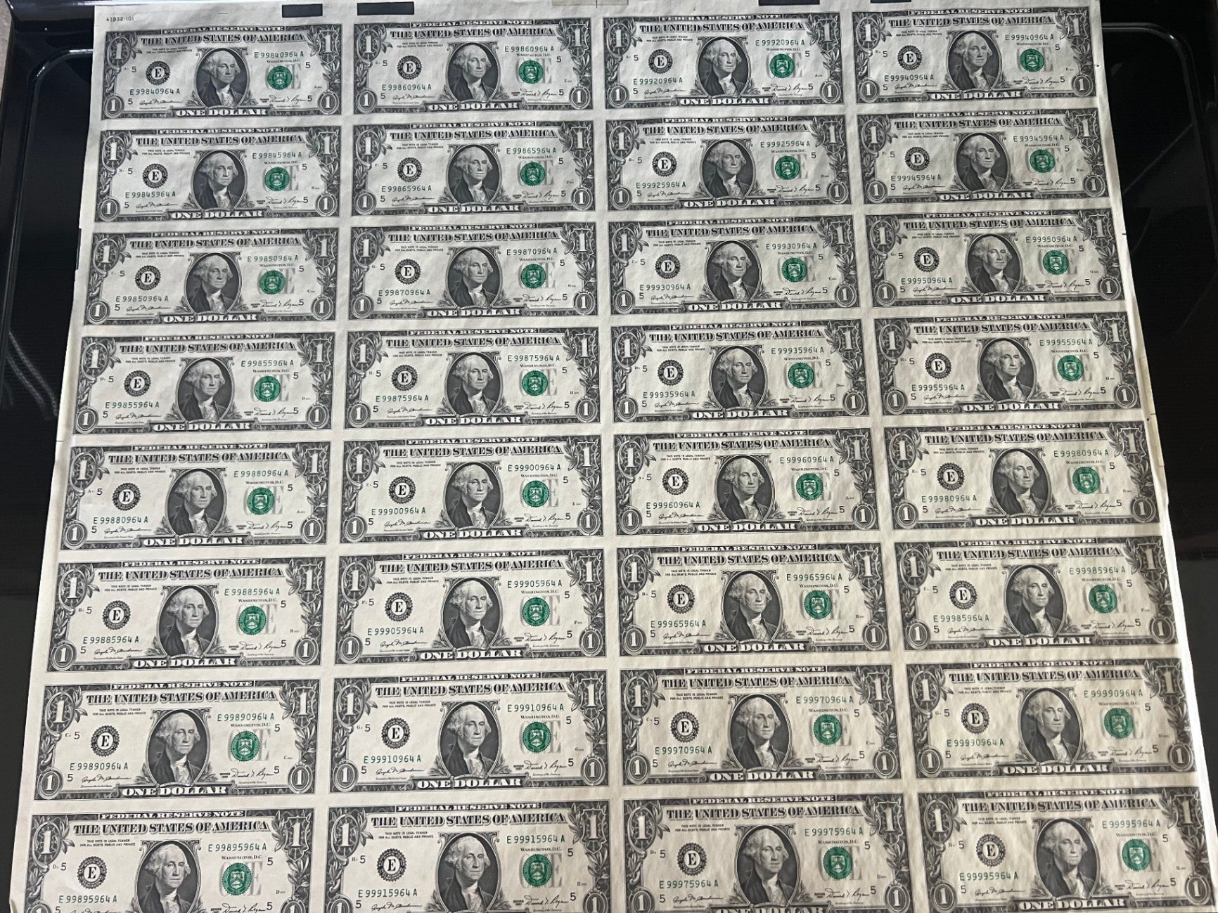 1981 $1 One Dollar Uncut Currency Sheet 32 Subjects Federal Reserve Uncirculated