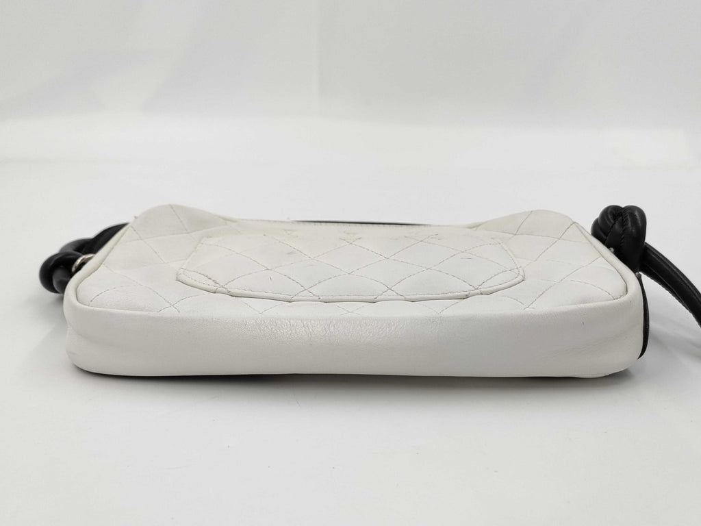 Authentic Chanel Ligne Cambon Quilted White Leather Pochette Bag