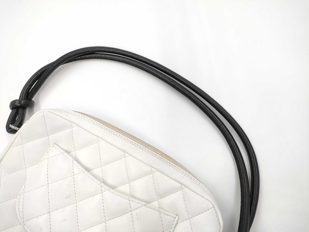 Authentic Chanel Ligne Cambon Quilted White Leather Pochette Bag