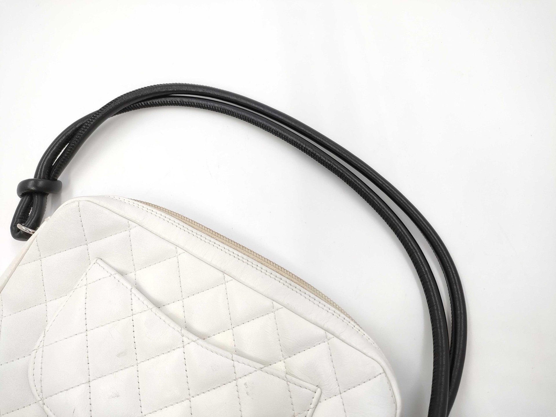 Authentic Chanel Ligne Cambon Quilted White Leather Pochette Bag