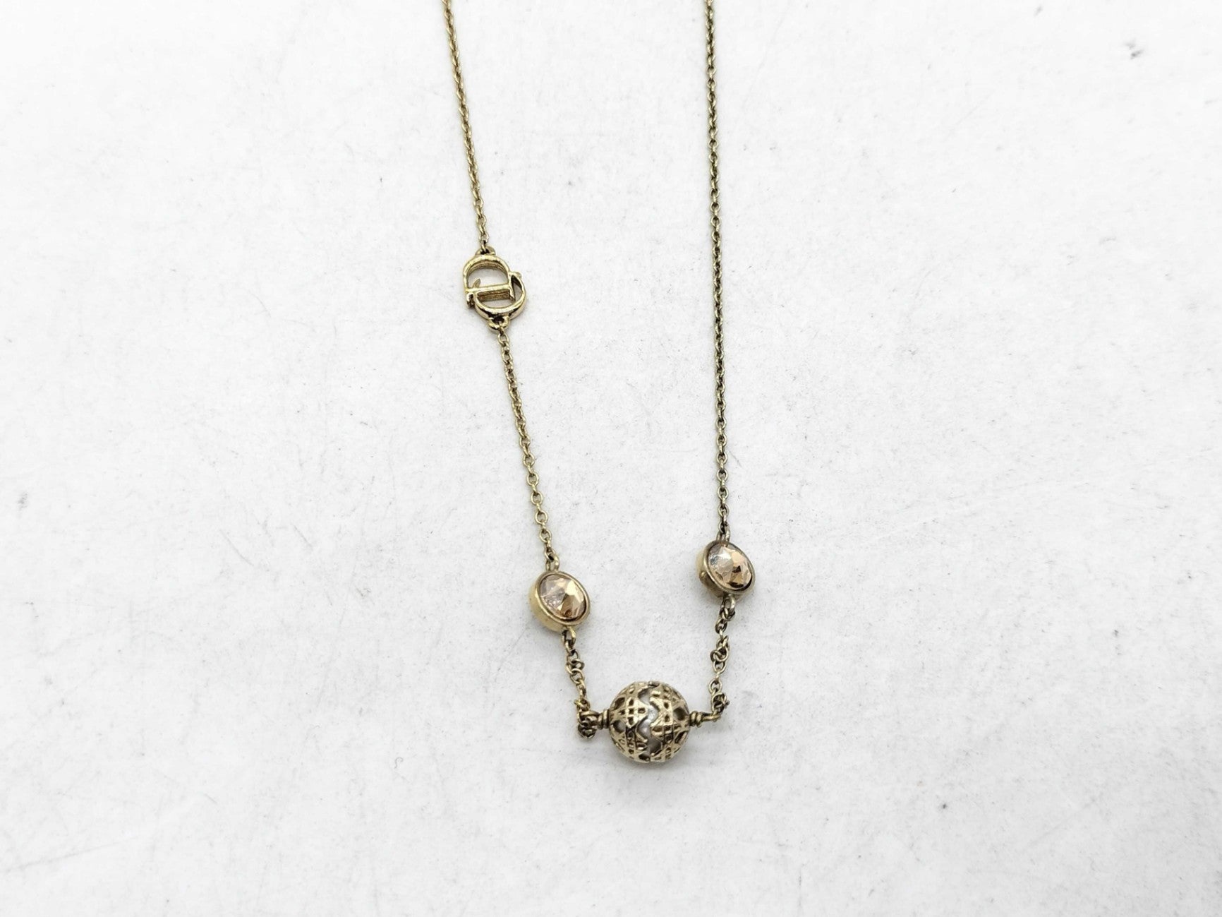 Authentic Christian Dior Secret Cannage Faux Pearl & Crystal Station Necklace
