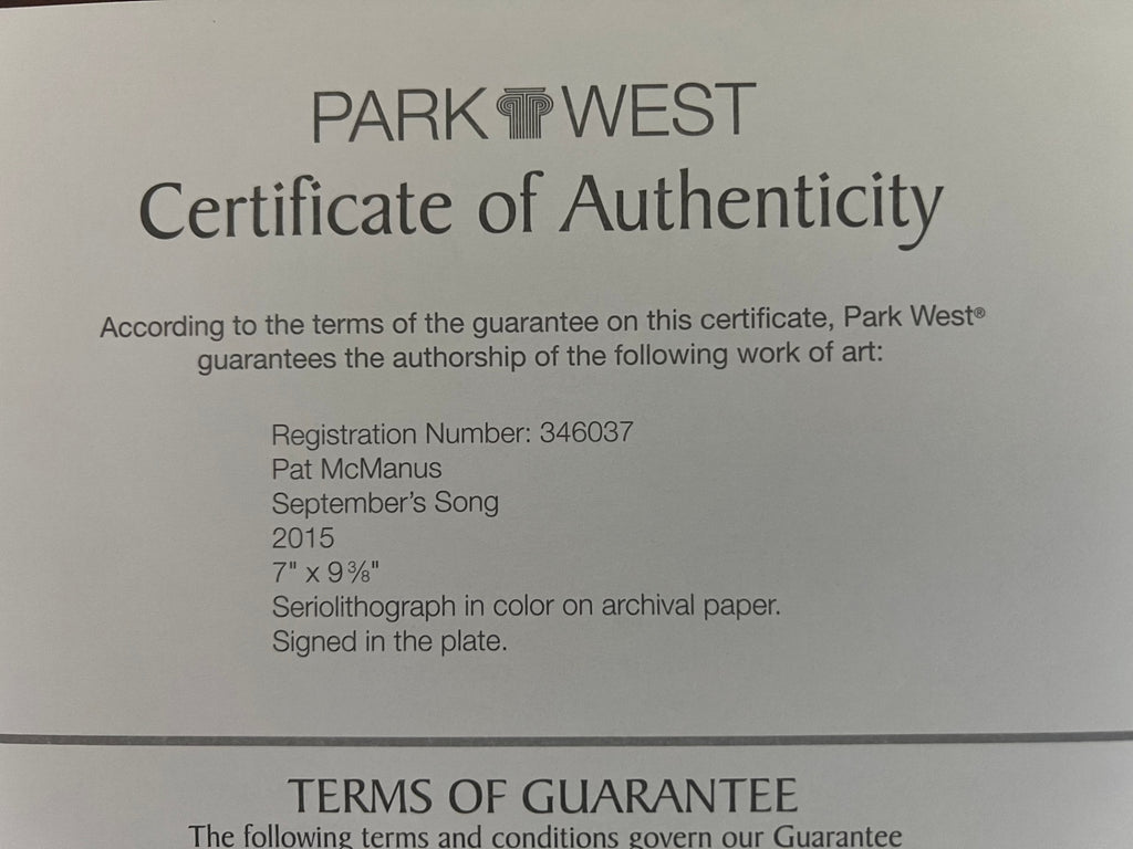 Pat McManus September's Song 2015 Seriolithograph Park West COA Signed in Plate