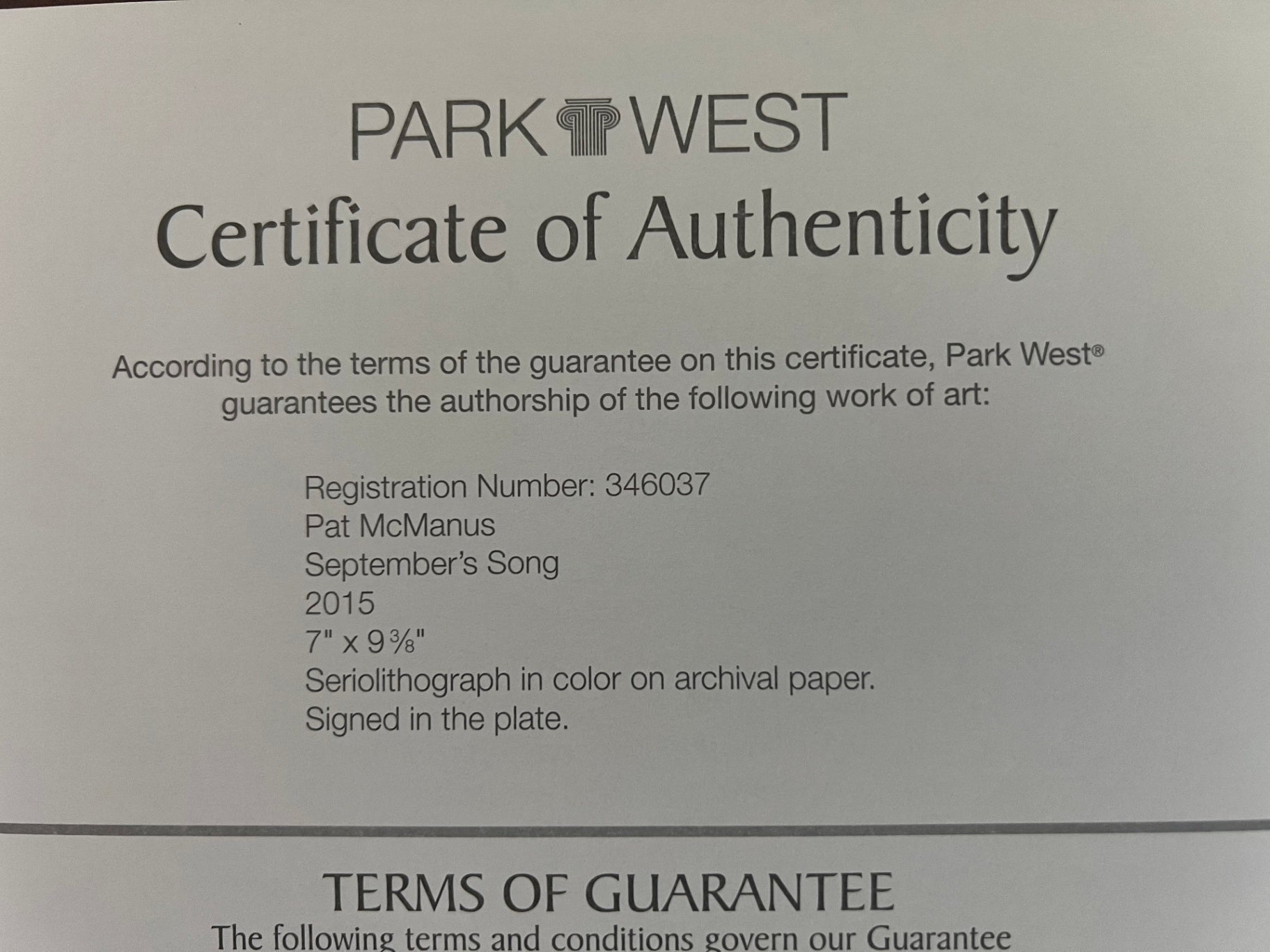 Pat McManus September's Song 2015 Seriolithograph Park West COA Signed in Plate