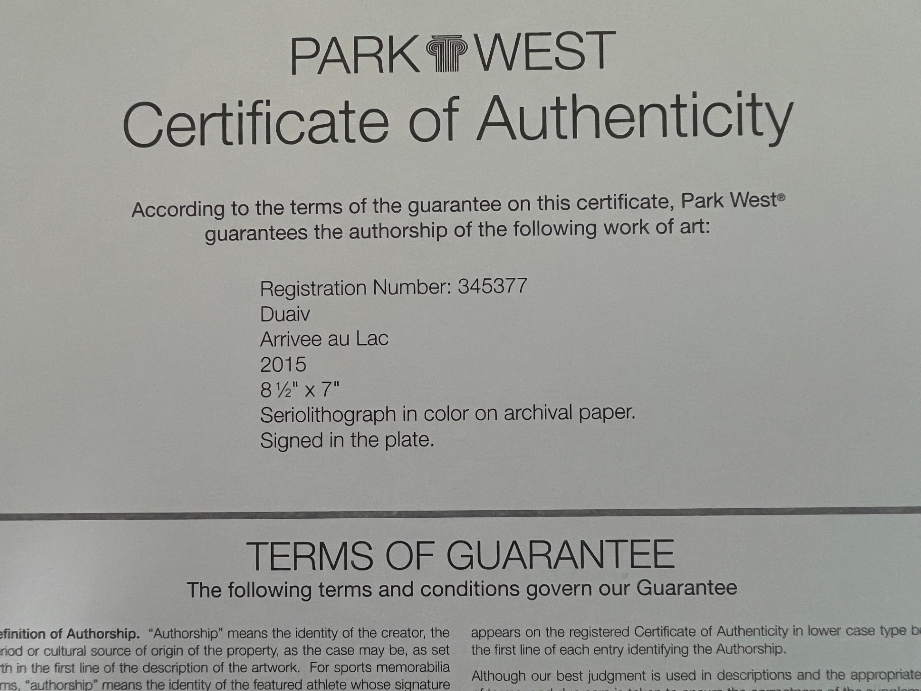 Duaiv Arrivee au Lac 2015 Seriolithograph Park West COA Signed in Plate