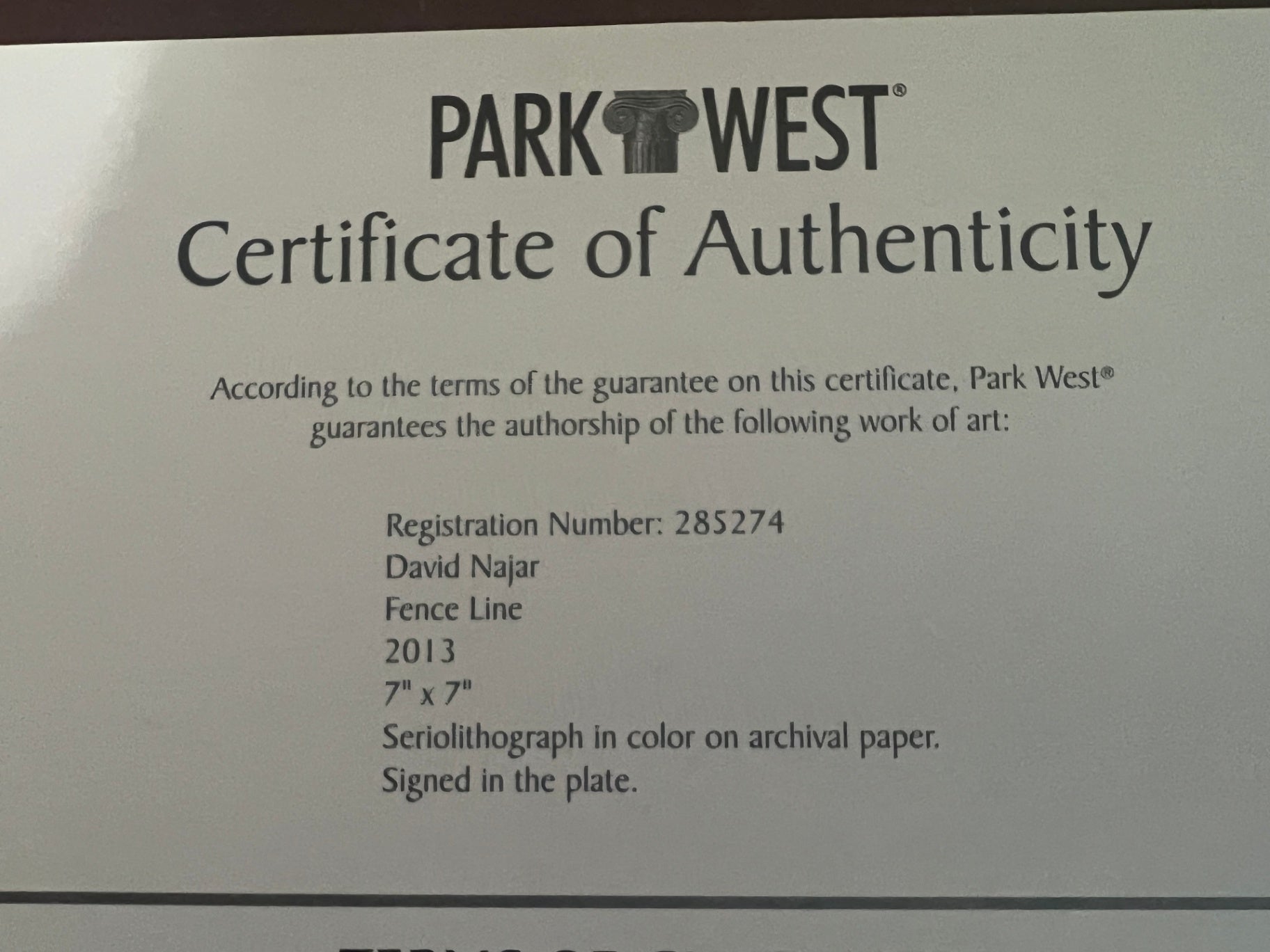 David Najar Fence Line 2013 Seriolithograph Park West COA Signed in Plate