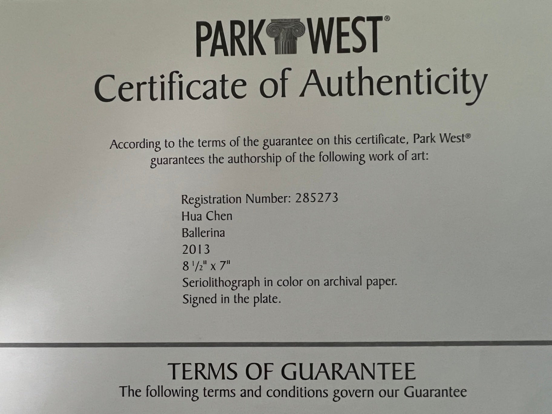 Hua Chen Ballerina 2013 Seriolithograph Park West COA Signed in Plate