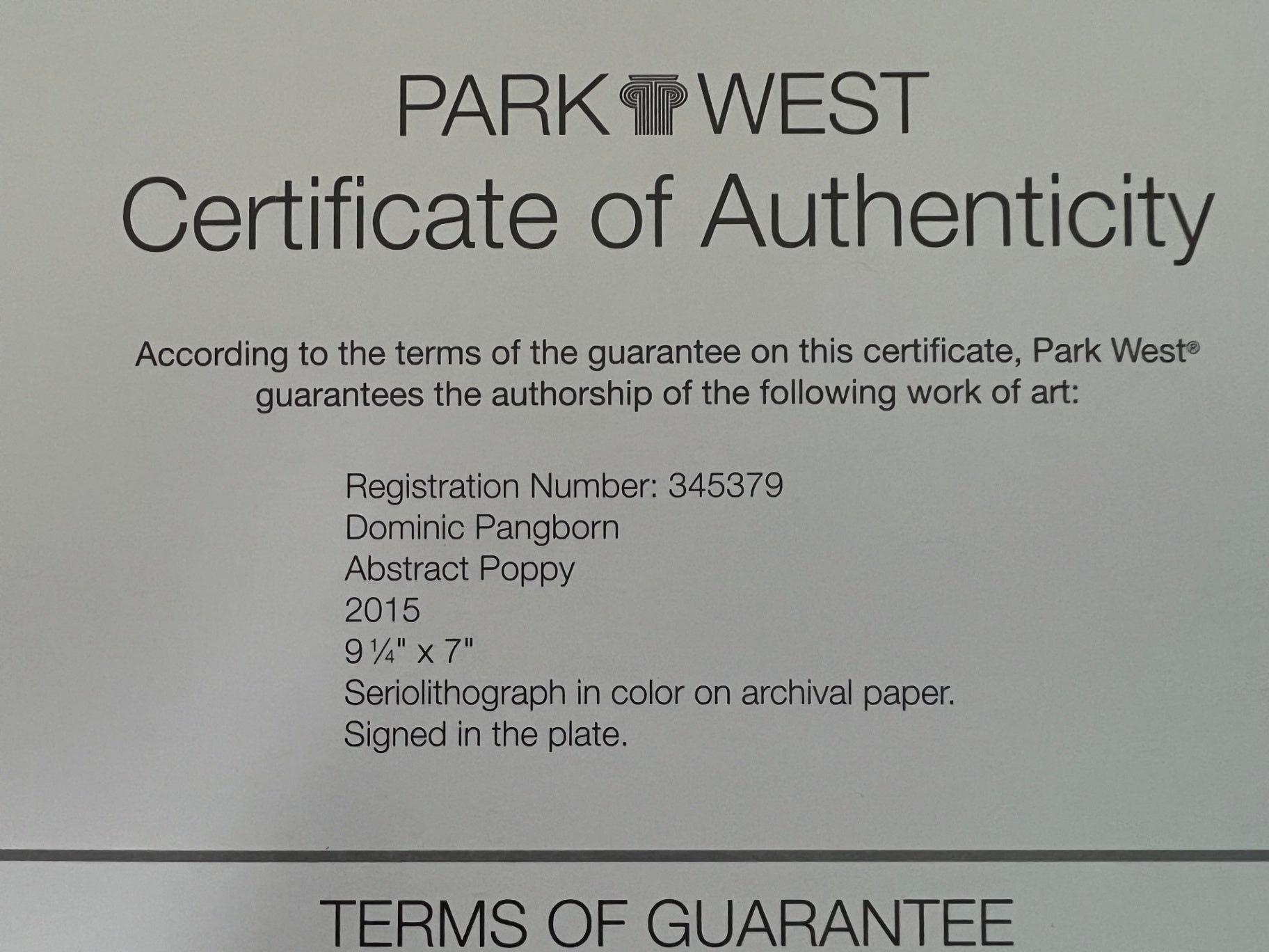 Dominic Pangborn Abstract Poppy 2015 Seriolithograph Park West COA Signed Plate