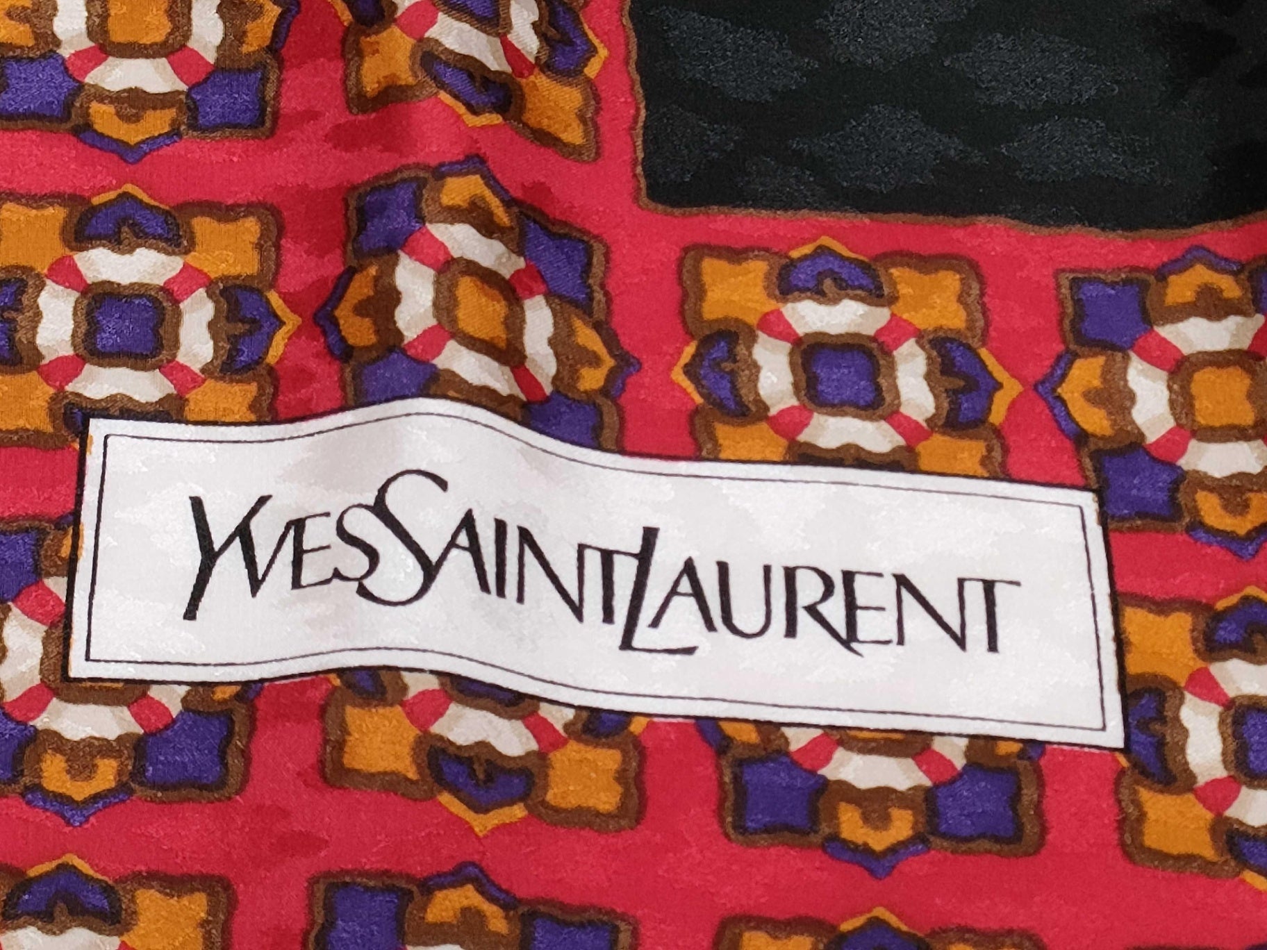 Yves Saint Laurent Silk Scarf Geometric Tile Print Red Black Gold 85cm Vintage