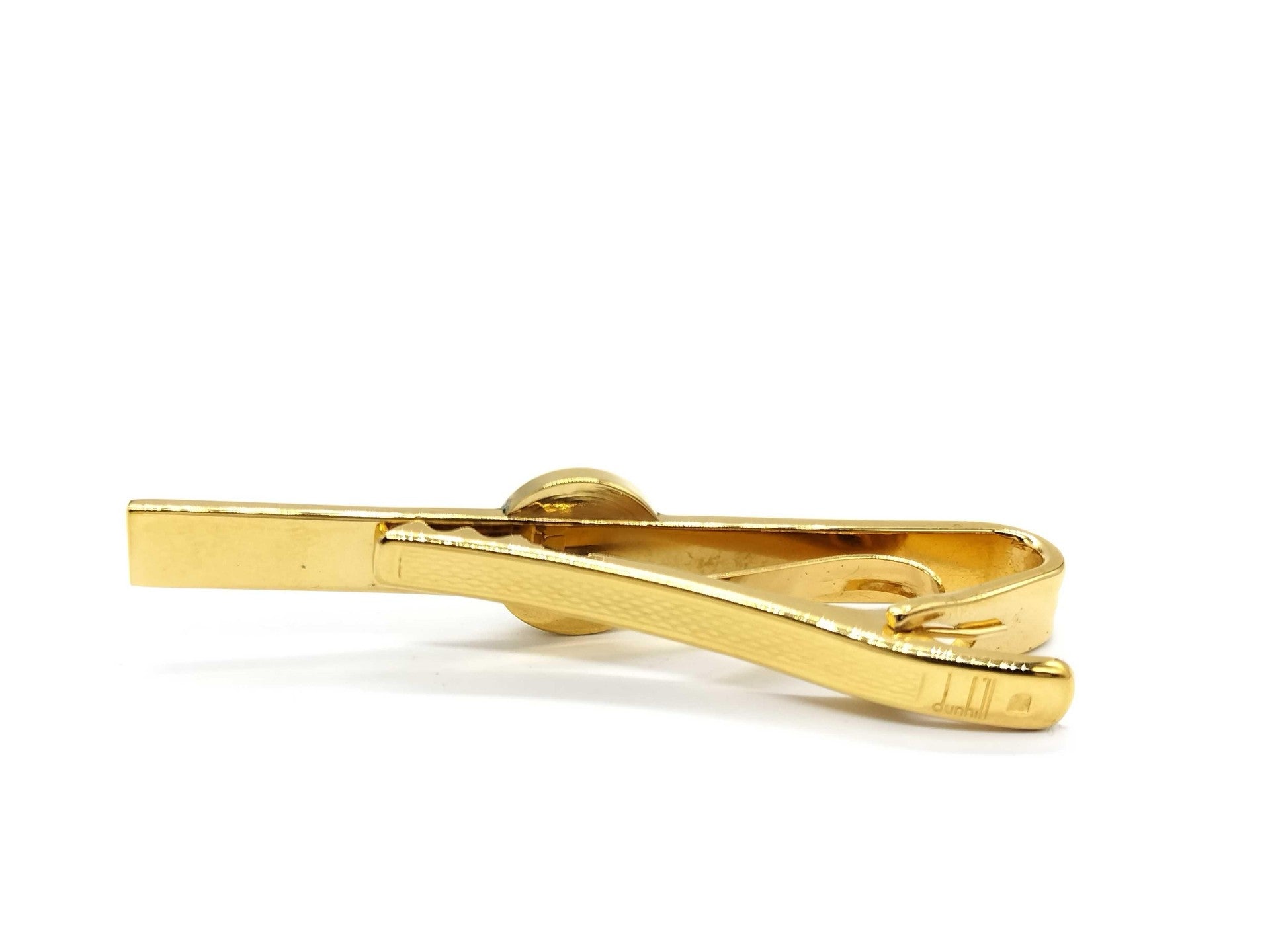 Dunhill Gold Tone Ribbed Tie Bar Black Enamel Logo Medallion Mens Accessory