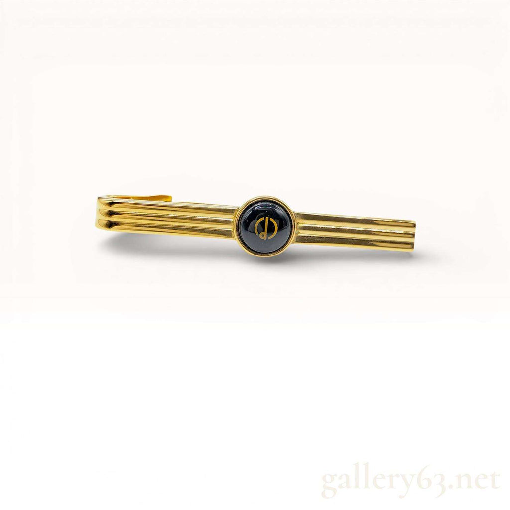 Dunhill Gold Tone Ribbed Tie Bar Black Enamel Logo Medallion Mens Accessory
