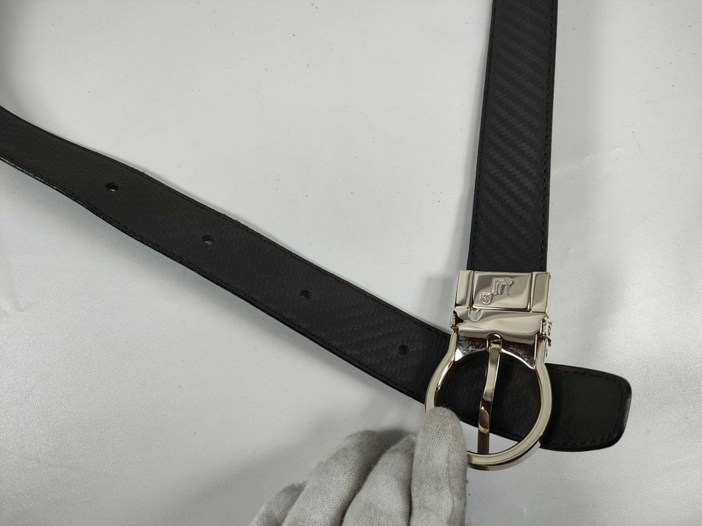 Dunhill Reversible Black Leather Belt Gold Tone Logo Buckle Textured Chassis Japan