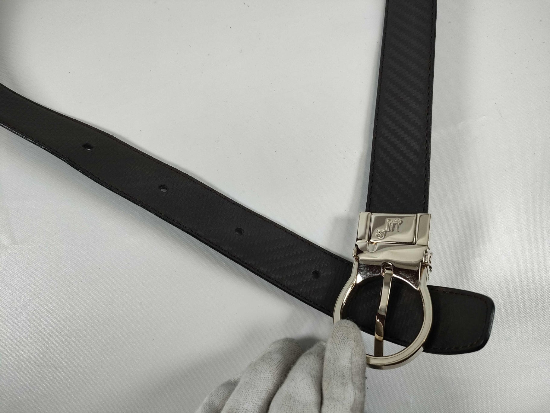Dunhill Reversible Black Leather Belt Gold Tone Logo Buckle Textured Chassis Japan