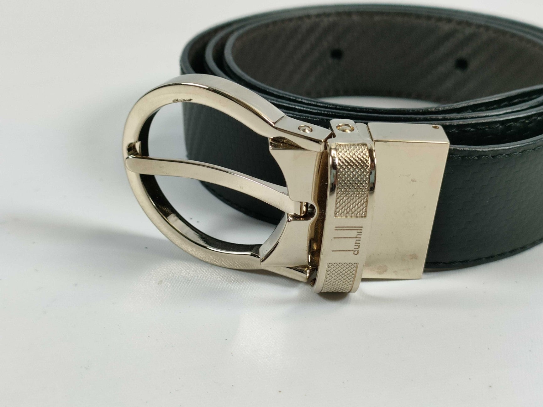 Dunhill Reversible Black Leather Belt Gold Tone Logo Buckle Textured Chassis Japan