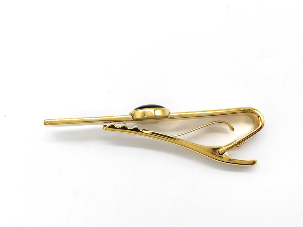 Dunhill Gold Tone Ribbed Tie Bar Black Enamel Logo Medallion Mens Accessory