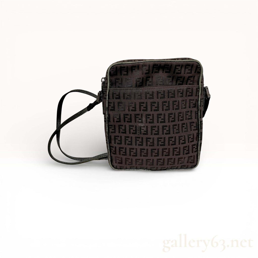Fendi Zucchino Canvas Crossbody Bag Brown Monogram Silver Hardware Authentic