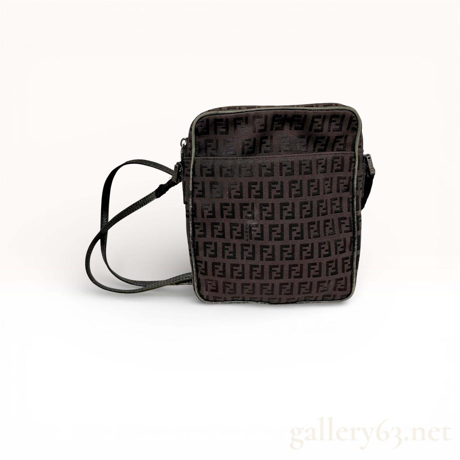 Fendi Zucchino Canvas Crossbody Bag Brown Monogram Silver Hardware Authentic