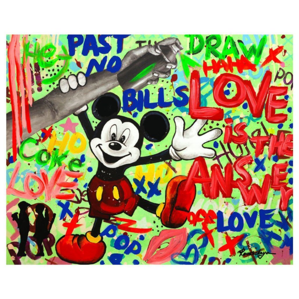 Nastya Rovenskaya Original Mixed Media "Mickey Mouse In Love" Signed 24x30 COA