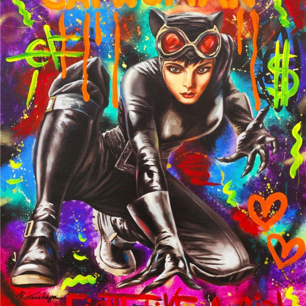 Nastya Rovenskaya Original Mixed Media "Catwoman" Hand Signed 30x24 COA