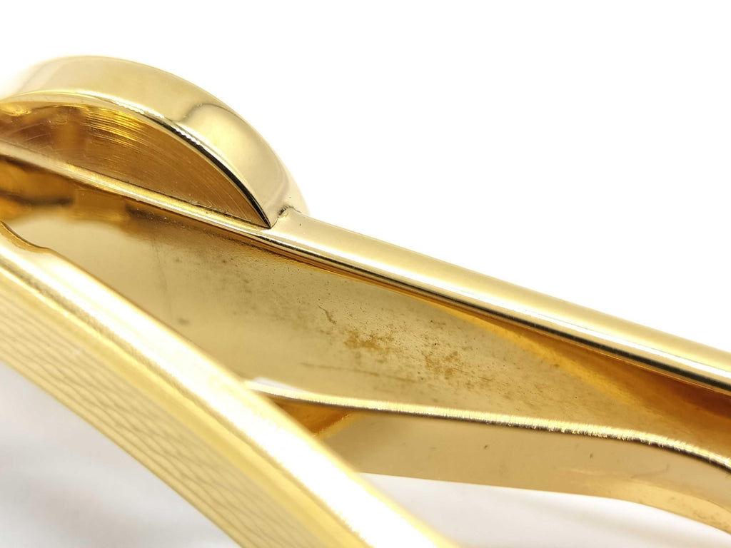 Dunhill Gold Tone Ribbed Tie Bar Black Enamel Logo Medallion Mens Accessory