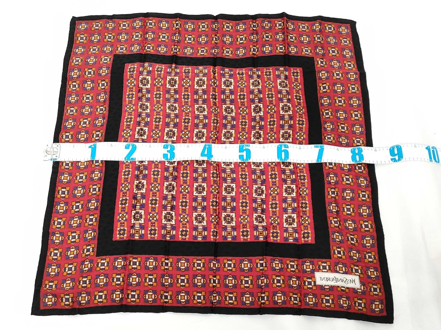 Yves Saint Laurent Silk Scarf Geometric Tile Print Red Black Gold 85cm Vintage