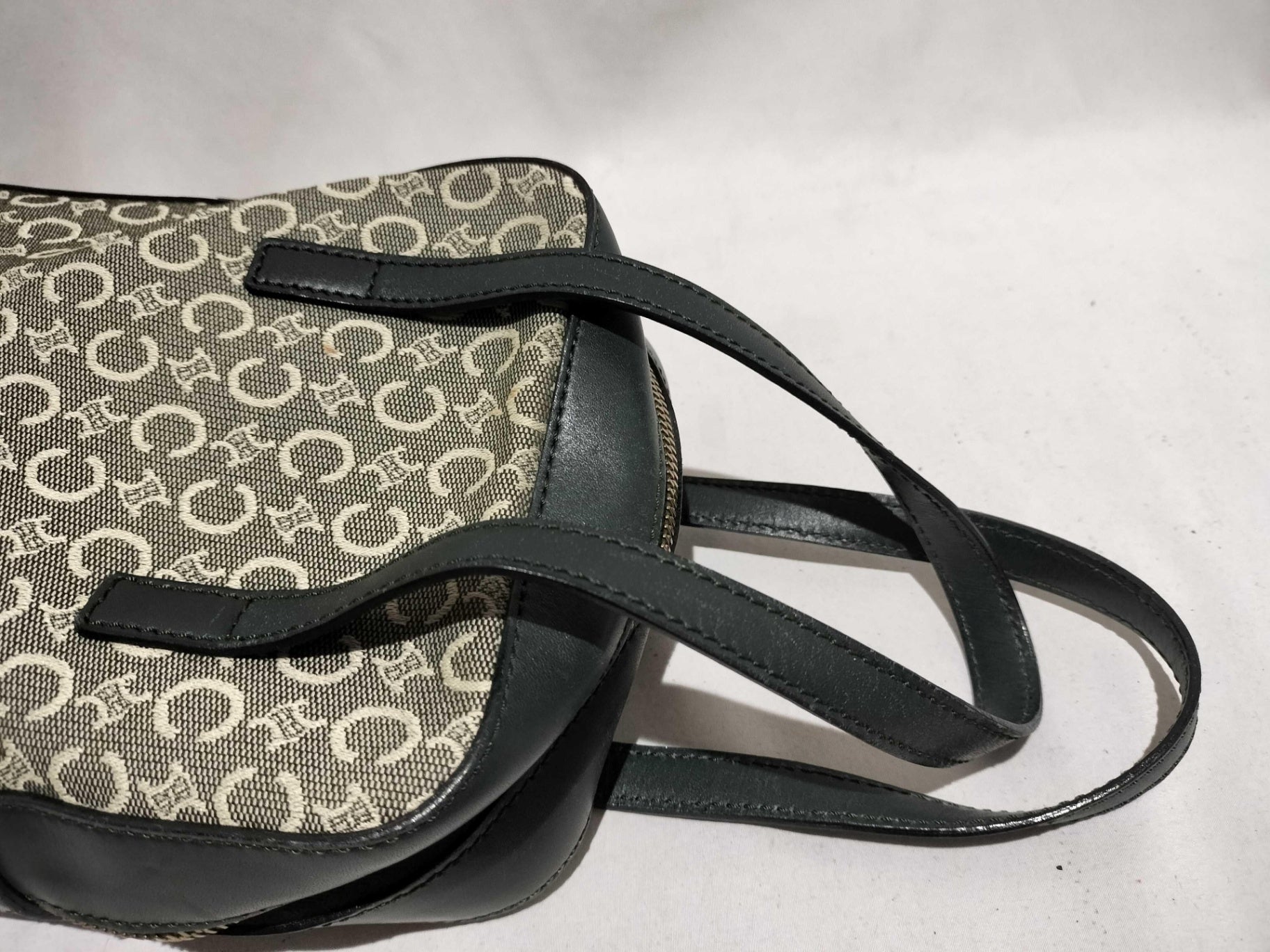 Vintage Celine C Macadam Canvas Handbag Brown Monogram Leather Trim Authentic
