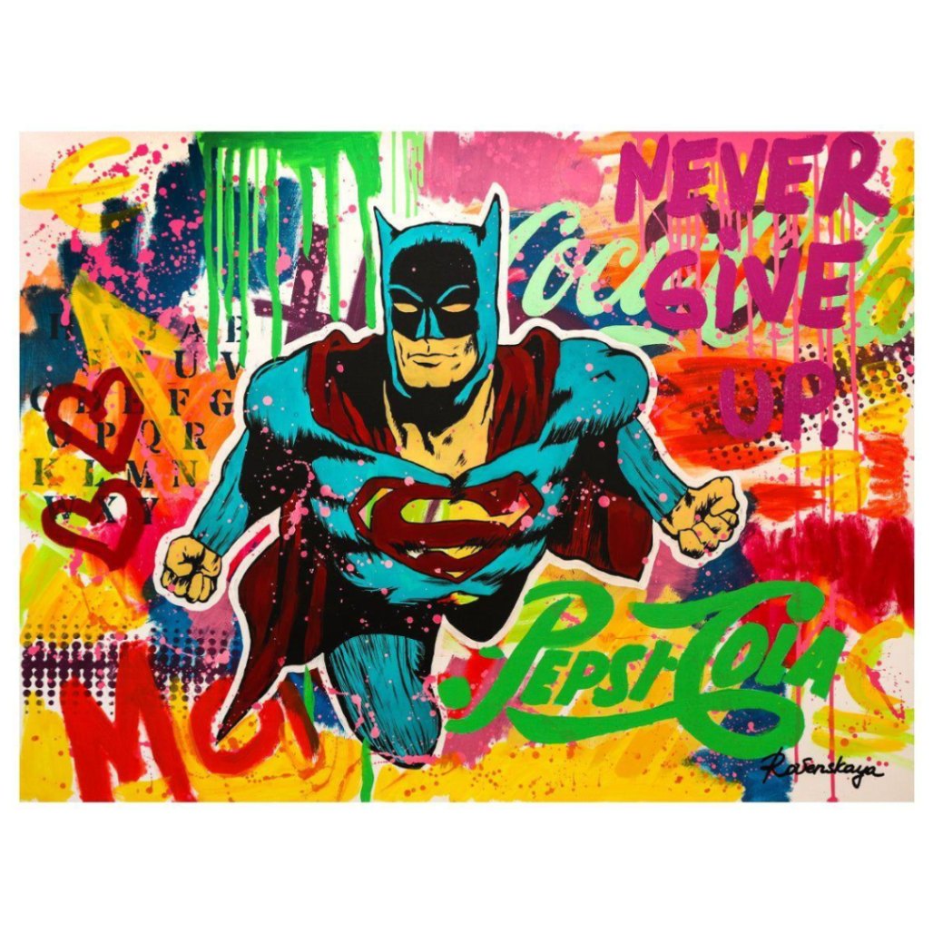 Nastya Rovenskaya Large 30x40 Mixed Media "Superhero" Hand Signed COA