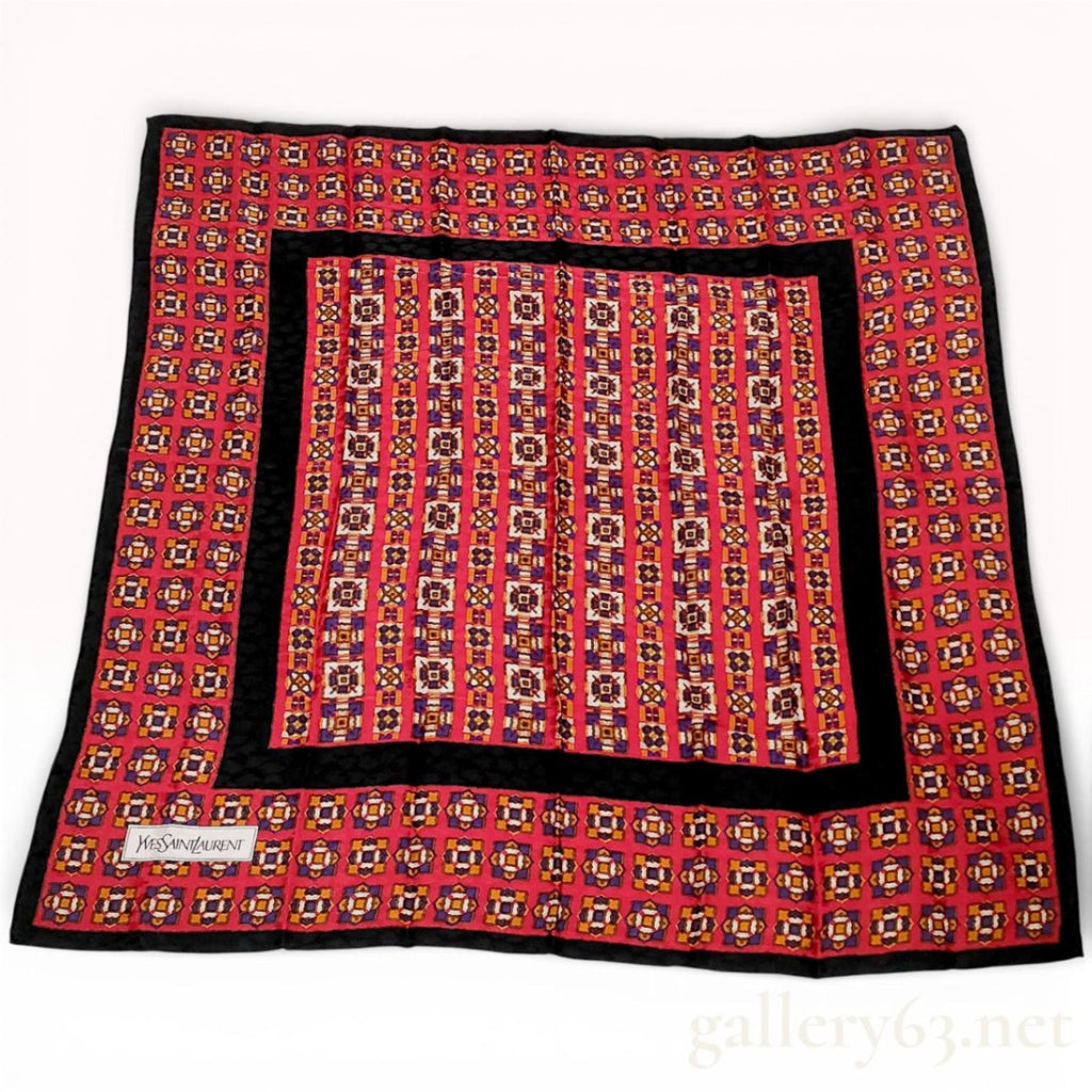 Yves Saint Laurent Silk Scarf Geometric Tile Print Red Black Gold 85cm Vintage