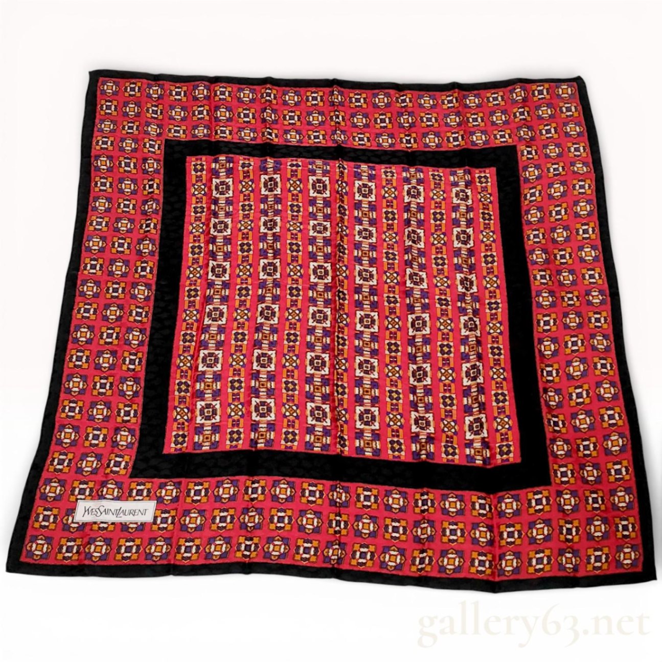 Yves Saint Laurent Silk Scarf Geometric Tile Print Red Black Gold 85cm Vintage
