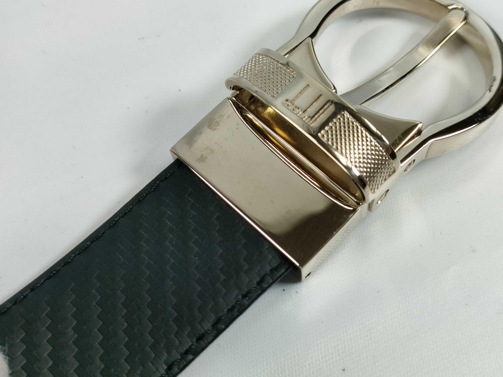 Dunhill Reversible Black Leather Belt Gold Tone Logo Buckle Textured Chassis Japan
