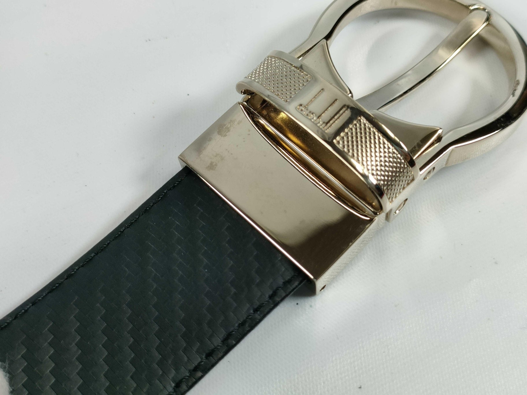 Dunhill Reversible Black Leather Belt Gold Tone Logo Buckle Textured Chassis Japan