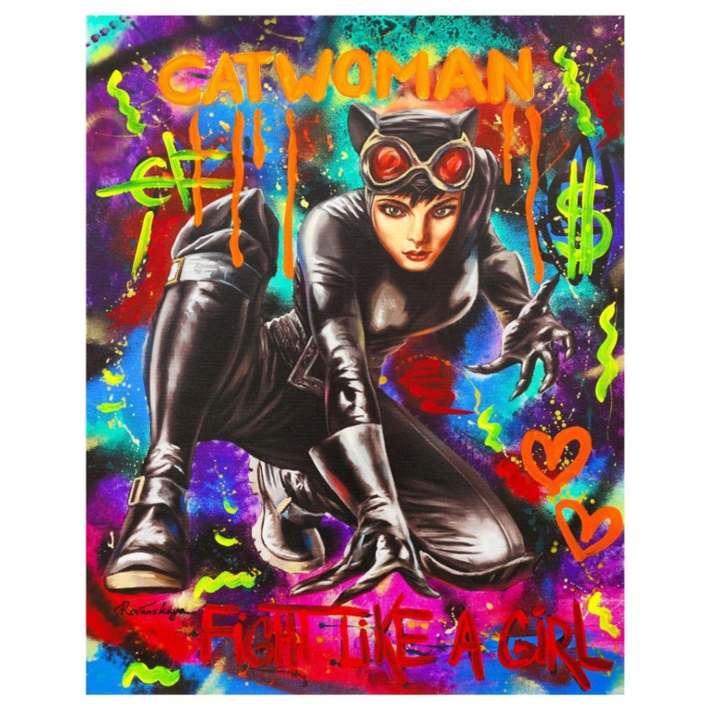 Nastya Rovenskaya Original Mixed Media "Catwoman" Hand Signed 30x24 COA
