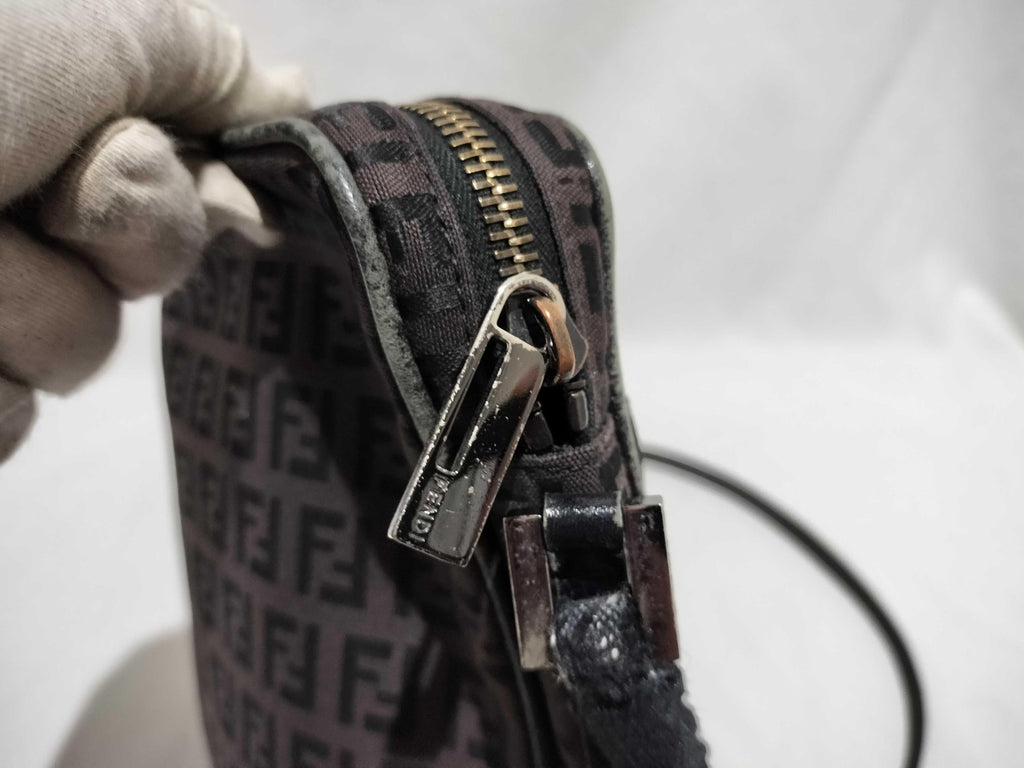 Fendi Zucchino Canvas Crossbody Bag Brown Monogram Silver Hardware Authentic