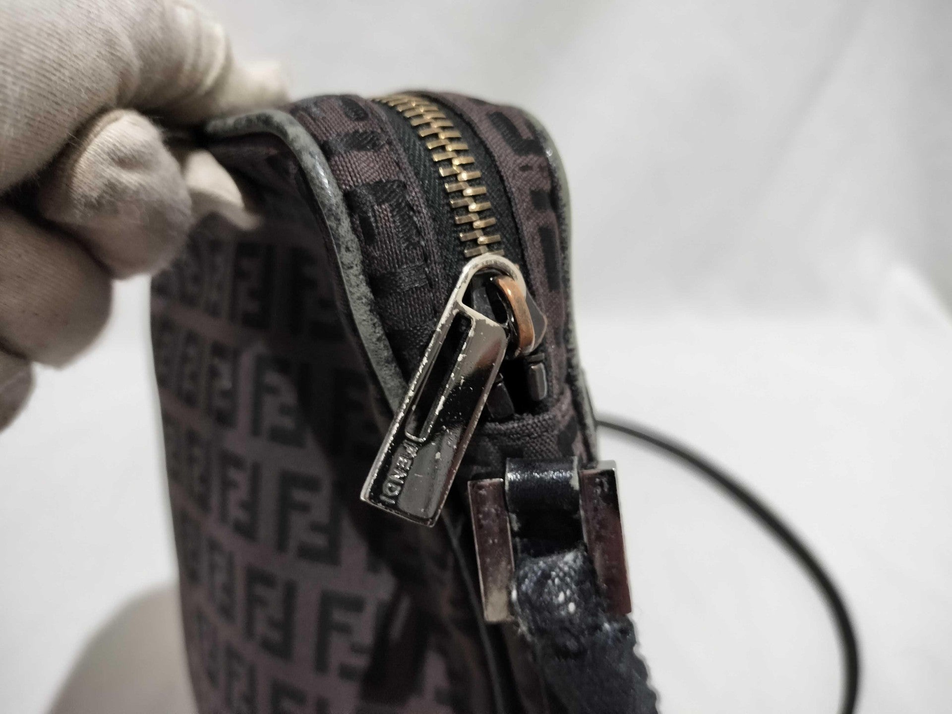 Fendi Zucchino Canvas Crossbody Bag Brown Monogram Silver Hardware Authentic