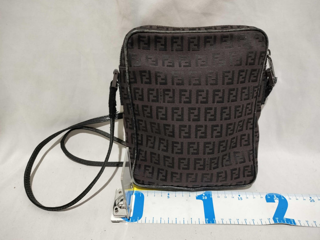 Fendi Zucchino Canvas Crossbody Bag Brown Monogram Silver Hardware Authentic