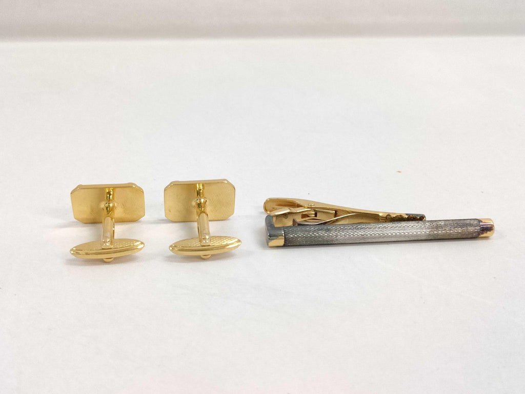 Dunhill Gold Tone Cufflinks Tie Bar Set Geometric Triangle Inlay Vintage Luxury