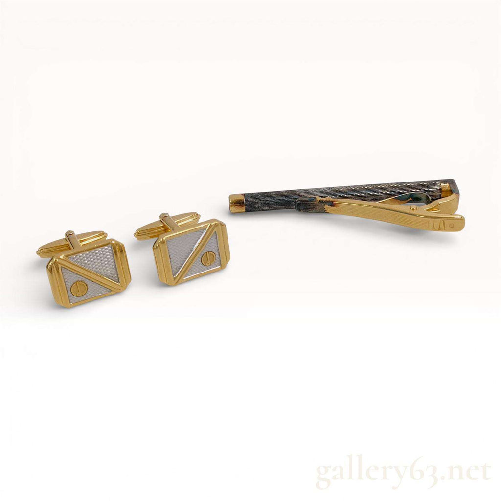 Dunhill Gold Tone Cufflinks Tie Bar Set Geometric Triangle Inlay Vintage Luxury
