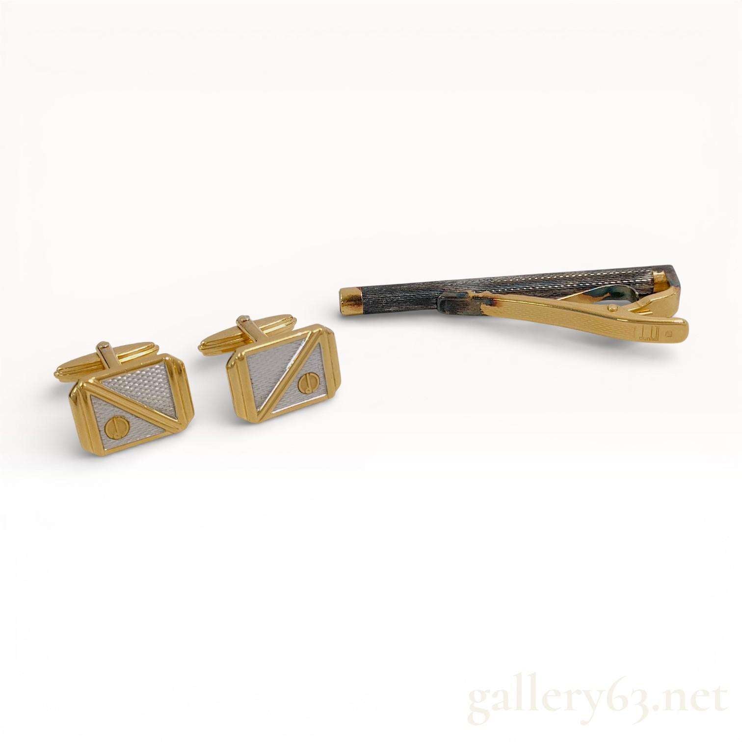 Dunhill Gold Tone Cufflinks Tie Bar Set Geometric Triangle Inlay Vintage Luxury