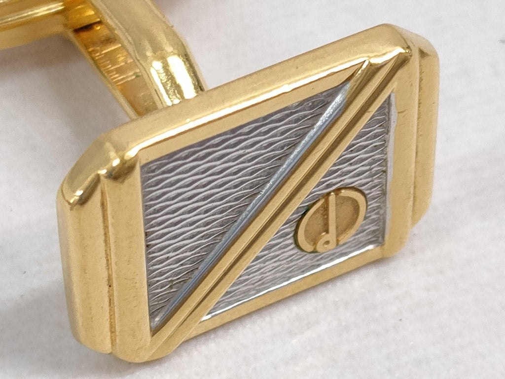 Dunhill Gold Tone Cufflinks Tie Bar Set Geometric Triangle Inlay Vintage Luxury