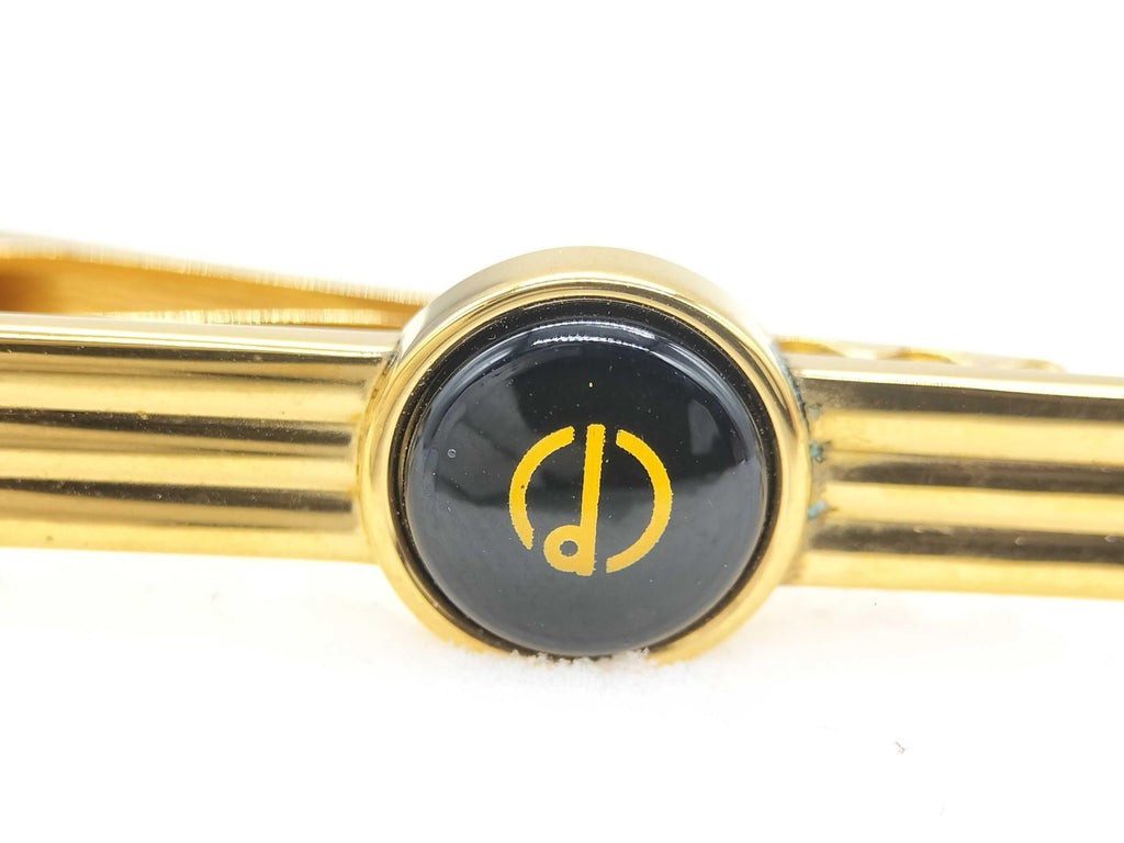 Dunhill Gold Tone Ribbed Tie Bar Black Enamel Logo Medallion Mens Accessory