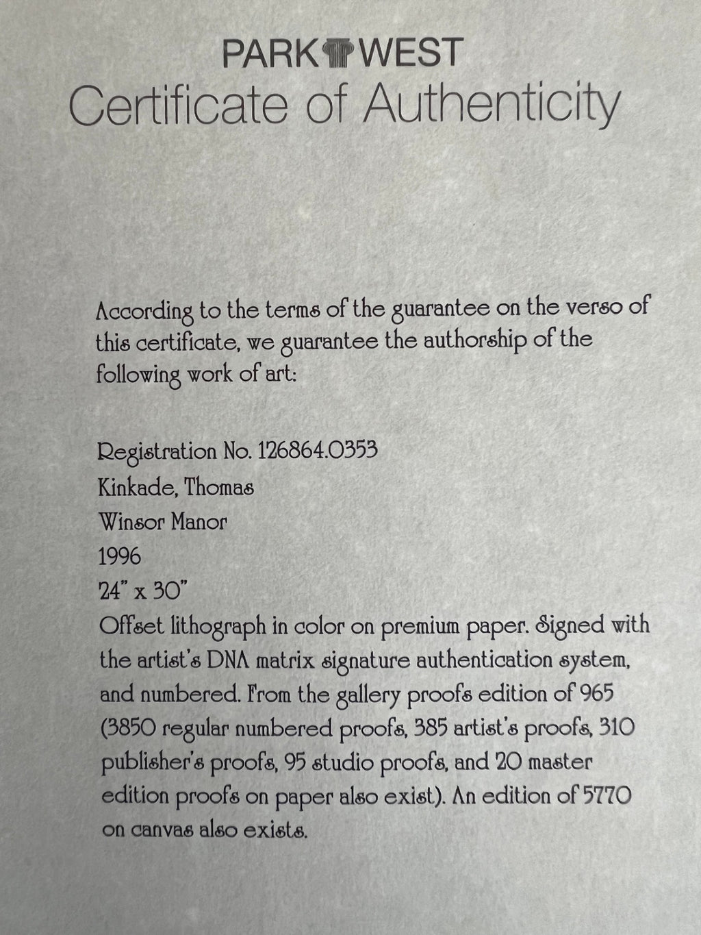 Thomas Kinkade Winsor Manor 24x30 GP 690/965 DNA Matrix Signed Litho w/ COA