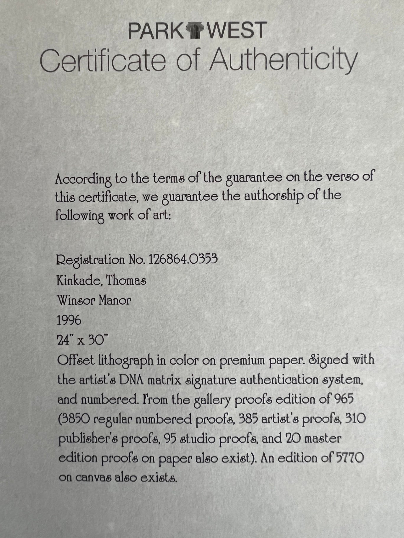Thomas Kinkade Winsor Manor 24x30 GP 690/965 DNA Matrix Signed Litho w/ COA